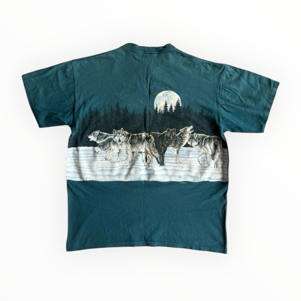 Vintage 90s T-Shirt Men’s L AOP Wrap Around Nature Wolves Single Stitch - Picture 6 of 8